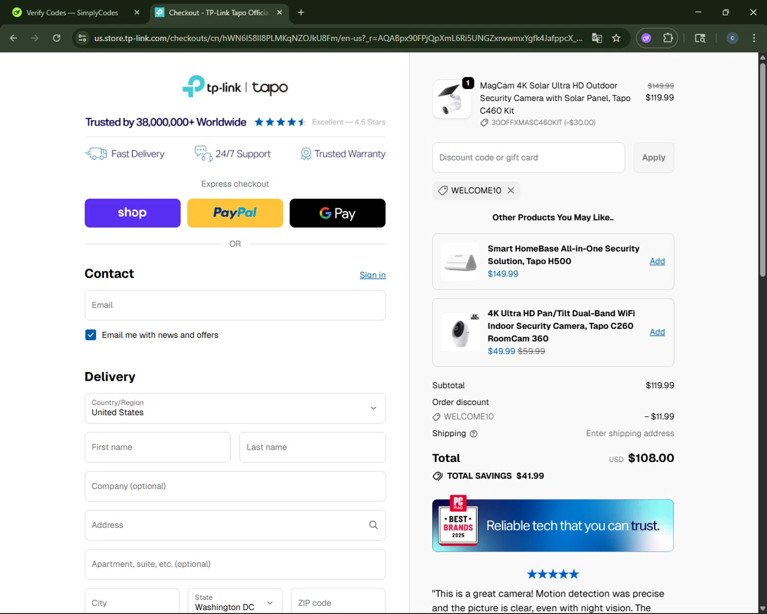 TP-Link US promo code screenshot showing code WELCOME10 applied at TP-Link US checkout page. Uploaded by SimplyCodes community member CouponAce2971 on Dec 11, 2025