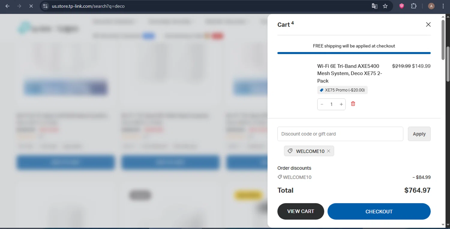 TP-Link US promo code screenshot showing code WELCOME10 applied at TP-Link US checkout page. Uploaded by SimplyCodes community member GoldRanger7896 on Sep 4, 2025