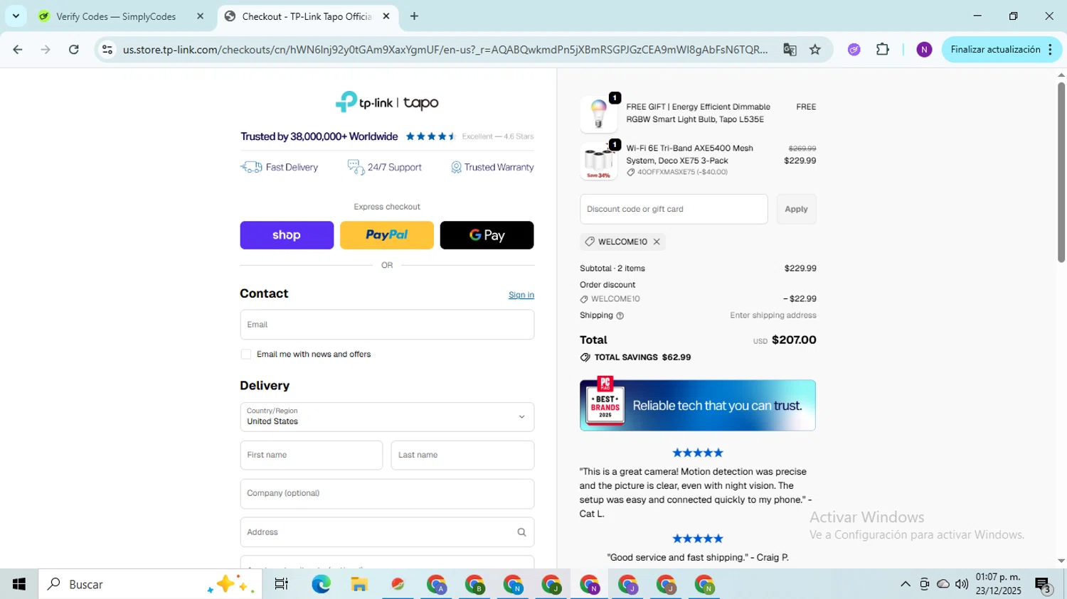 TP-Link US promo code screenshot showing code WELCOME10 applied at TP-Link US checkout page. Uploaded by SimplyCodes community member QuestOwl9632 on Dec 23, 2025