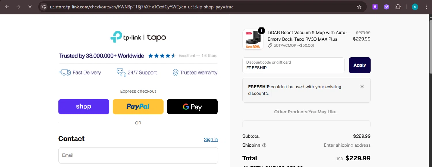 TP-Link US promo code screenshot showing code FREESHIP applied at TP-Link US checkout page. Uploaded by SimplyCodes community member ValiantChaser7723 on Oct 7, 2025