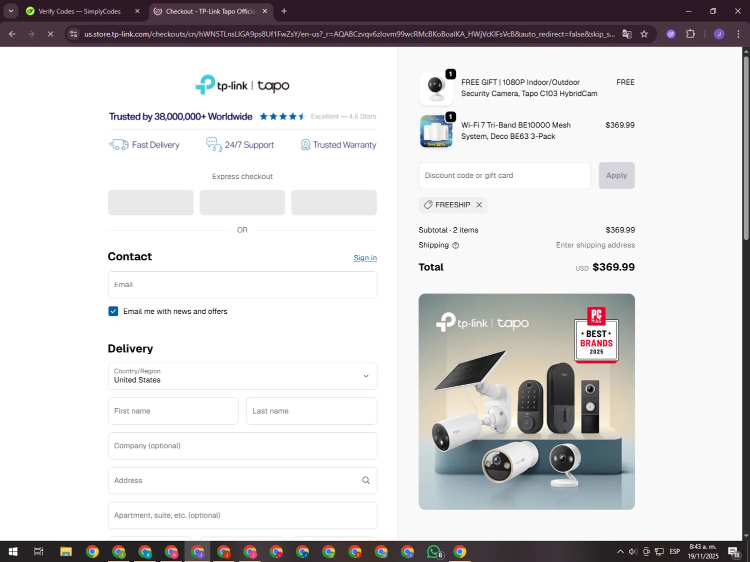 TP-Link US promo code screenshot showing code FREESHIP applied at TP-Link US checkout page. Uploaded by SimplyCodes community member ValueHero2277 on Nov 19, 2025
