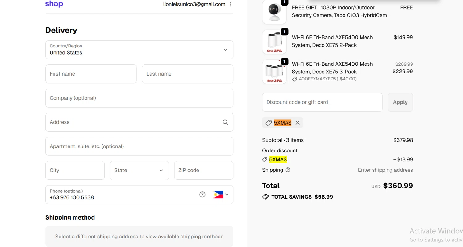 TP-Link US promo code screenshot showing code 5XMAS applied at TP-Link US checkout page. Uploaded by SimplyCodes community member Lioniel on Dec 23, 2025