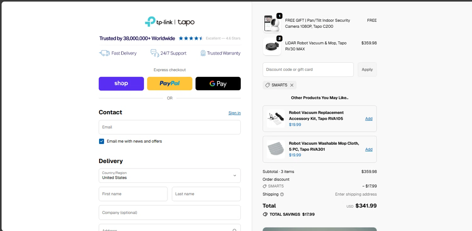 TP-Link US promo code screenshot showing code SMART5 applied at TP-Link US checkout page. Uploaded by SimplyCodes community member Peluche on Nov 15, 2025