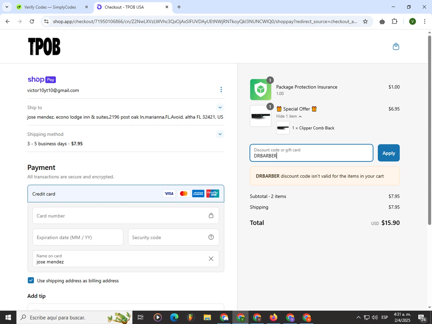 TPOB USA promo code screenshot showing code DRBARBER applied at TPOB USA checkout page. Uploaded by SimplyCodes community member PrimeWizard4168 on Apr 2, 2025