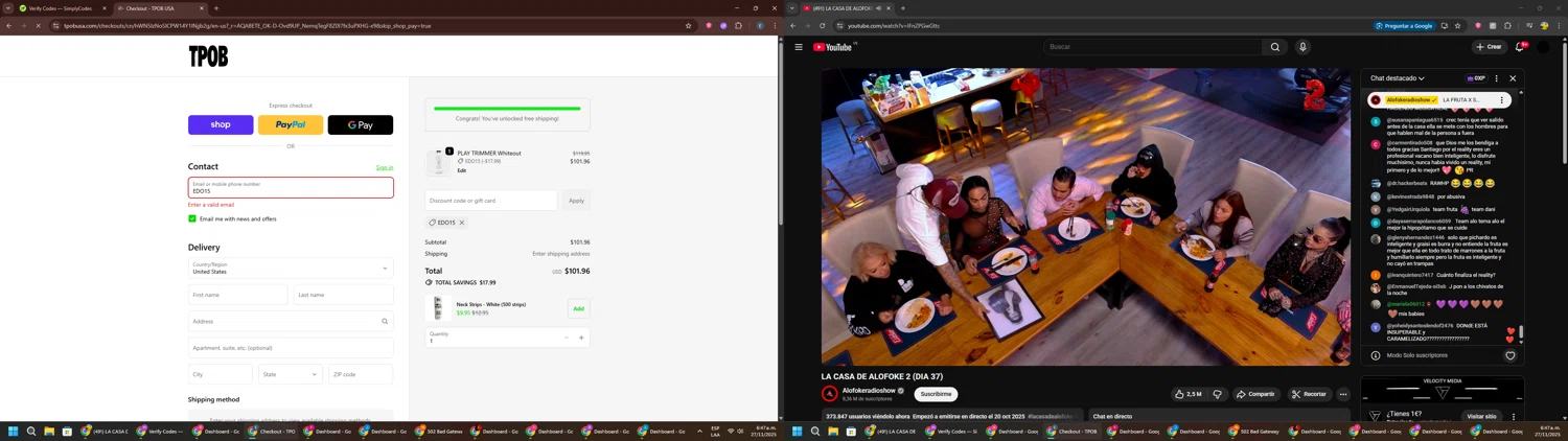 TPOB USA promo code screenshot showing code EDO15 applied at TPOB USA checkout page. Uploaded by SimplyCodes community member GloriousPioneer2942 on Nov 27, 2025
