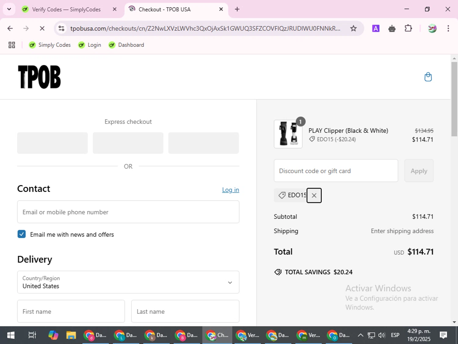 TPOB USA promo code screenshot showing code EDO15 applied at TPOB USA checkout page. Uploaded by SimplyCodes community member SilverExpert5694 on Feb 19, 2025