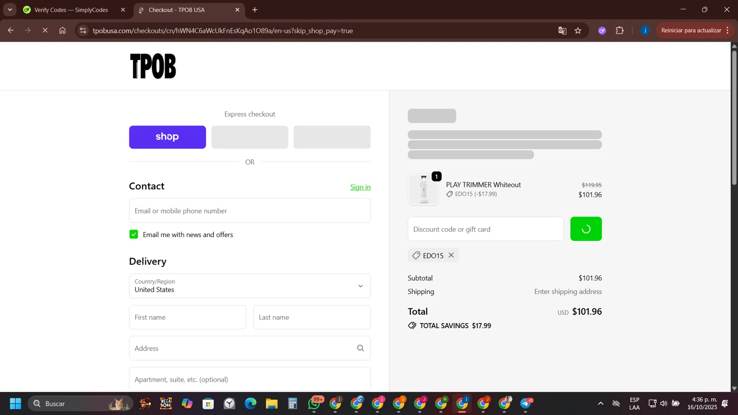 TPOB USA promo code screenshot showing code EDO15 applied at TPOB USA checkout page. Uploaded by SimplyCodes community member yameteqdasai on Oct 16, 2025