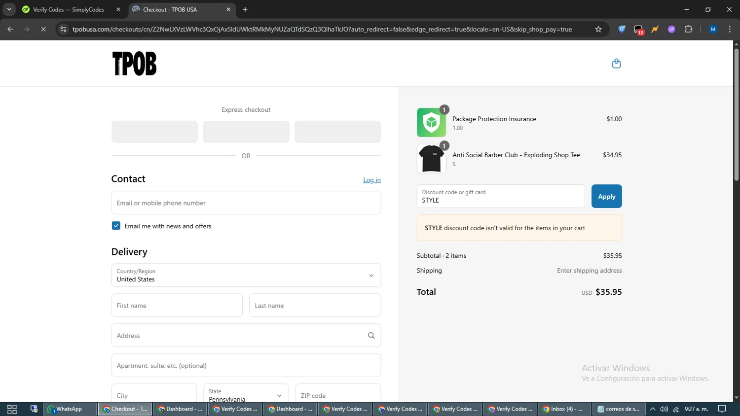 TPOB USA promo code screenshot showing code STYLE applied at TPOB USA checkout page. Uploaded by SimplyCodes community member EpicVoyager2820 on Jun 3, 2025