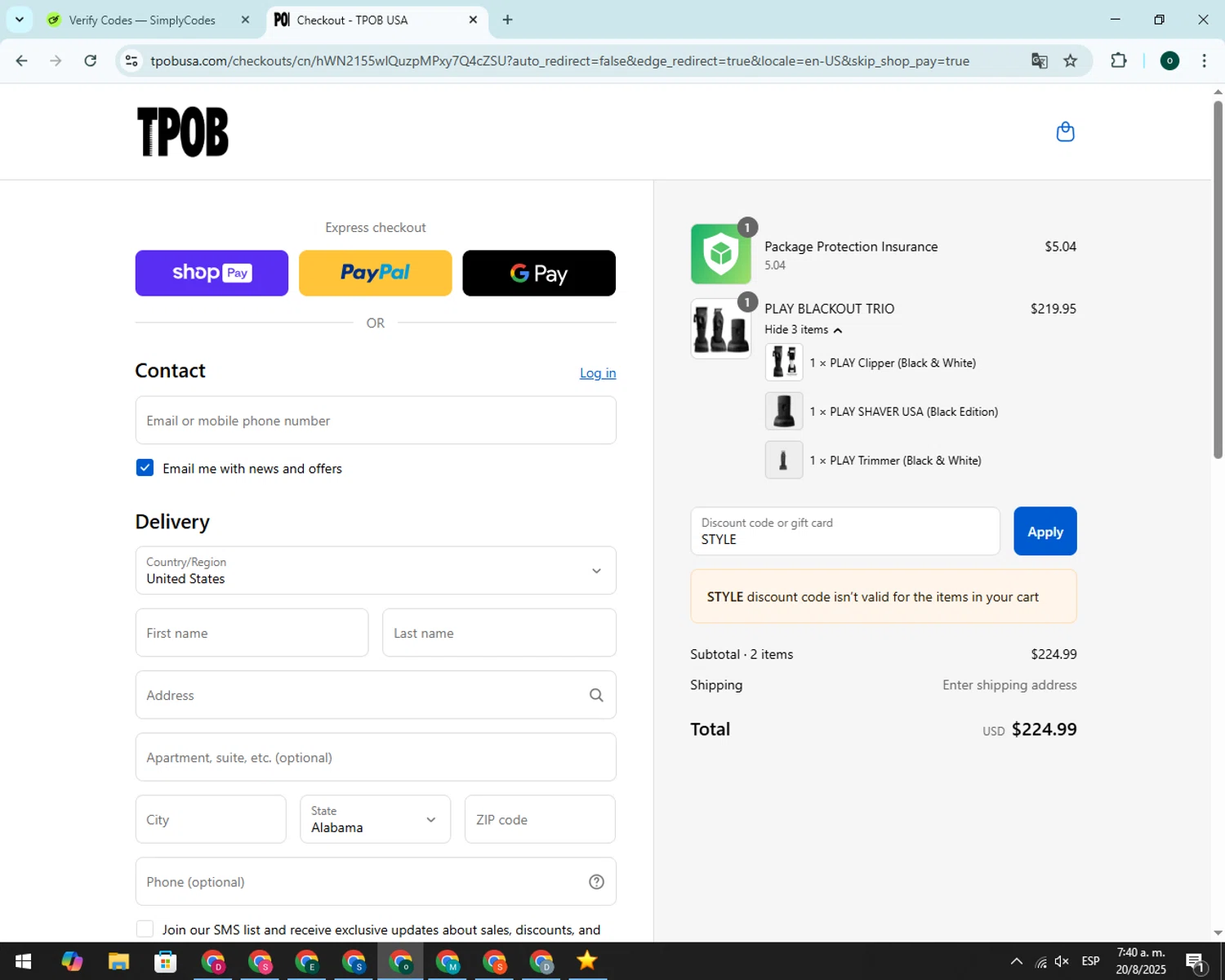 TPOB USA promo code screenshot showing code STYLE applied at TPOB USA checkout page. Uploaded by SimplyCodes community member 00000008 on Aug 20, 2025