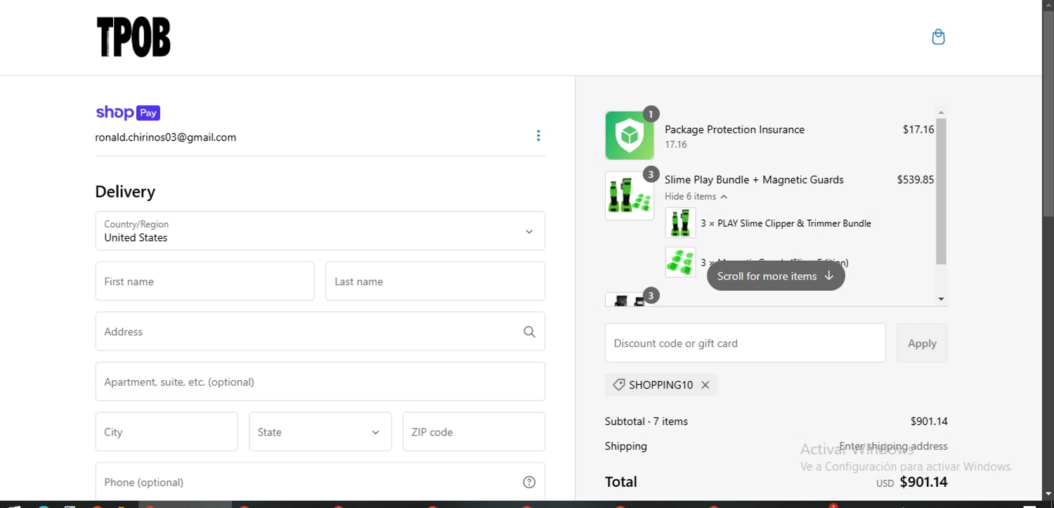 TPOB USA promo code screenshot showing code SHOPPING10 applied at TPOB USA checkout page. Uploaded by SimplyCodes community member Egni_149037891 on Feb 20, 2025
