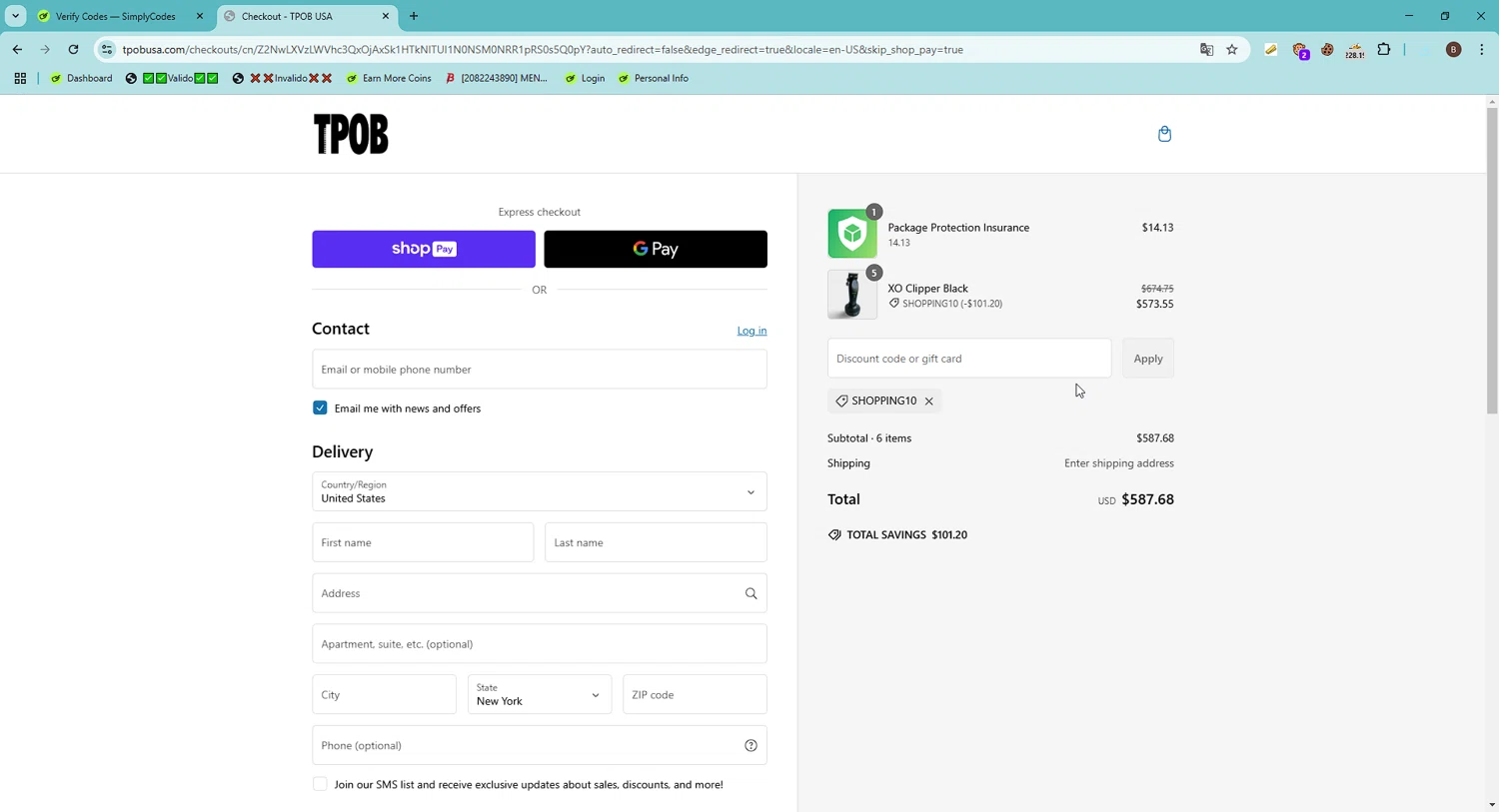 TPOB USA promo code screenshot showing code SHOPPING10 applied at TPOB USA checkout page. Uploaded by SimplyCodes community member FrugalShopper1585 on Feb 20, 2025