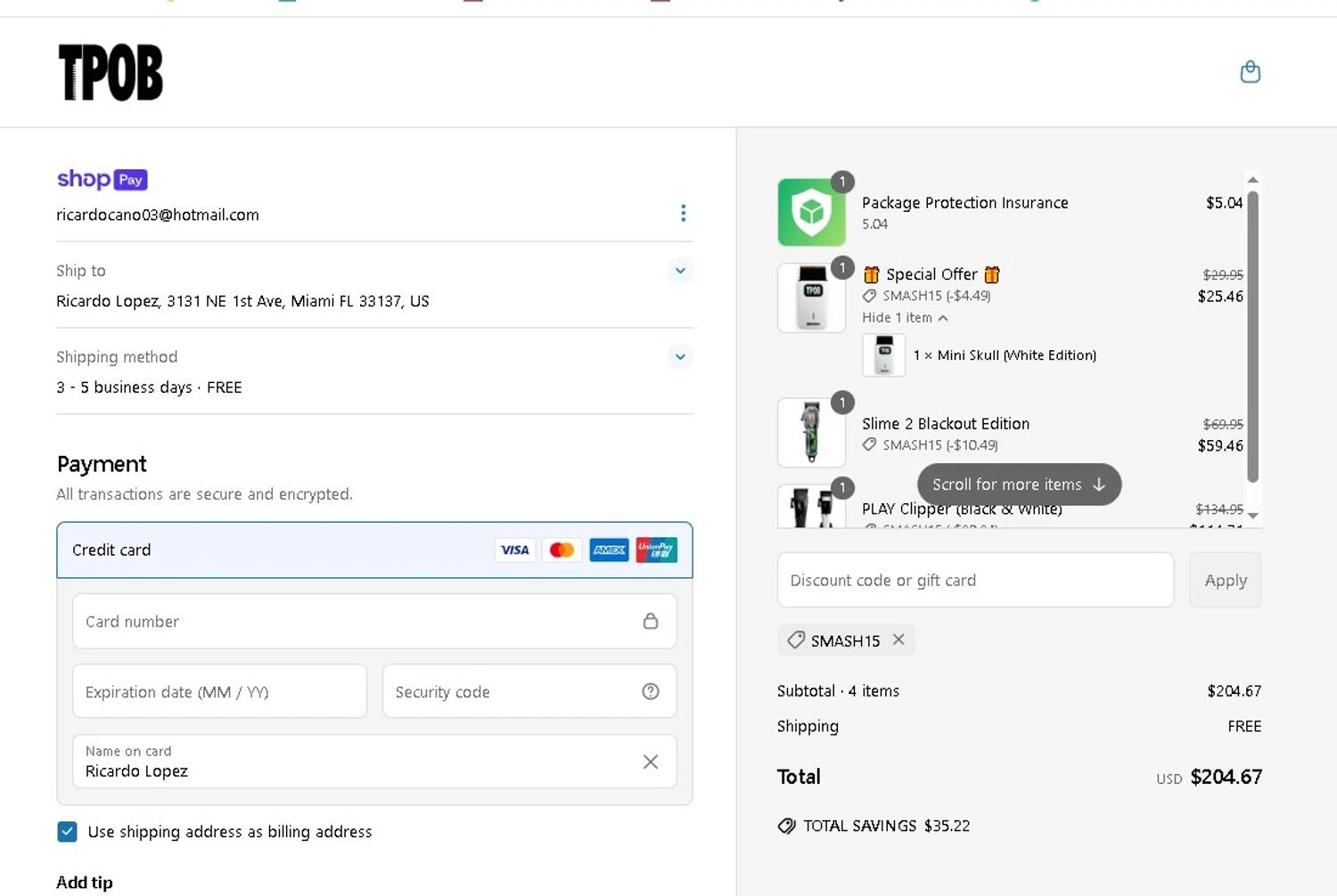 TPOB USA promo code screenshot showing code SMASH15 applied at TPOB USA checkout page. Uploaded by SimplyCodes community member LAMINEJAMAL on Apr 8, 2025