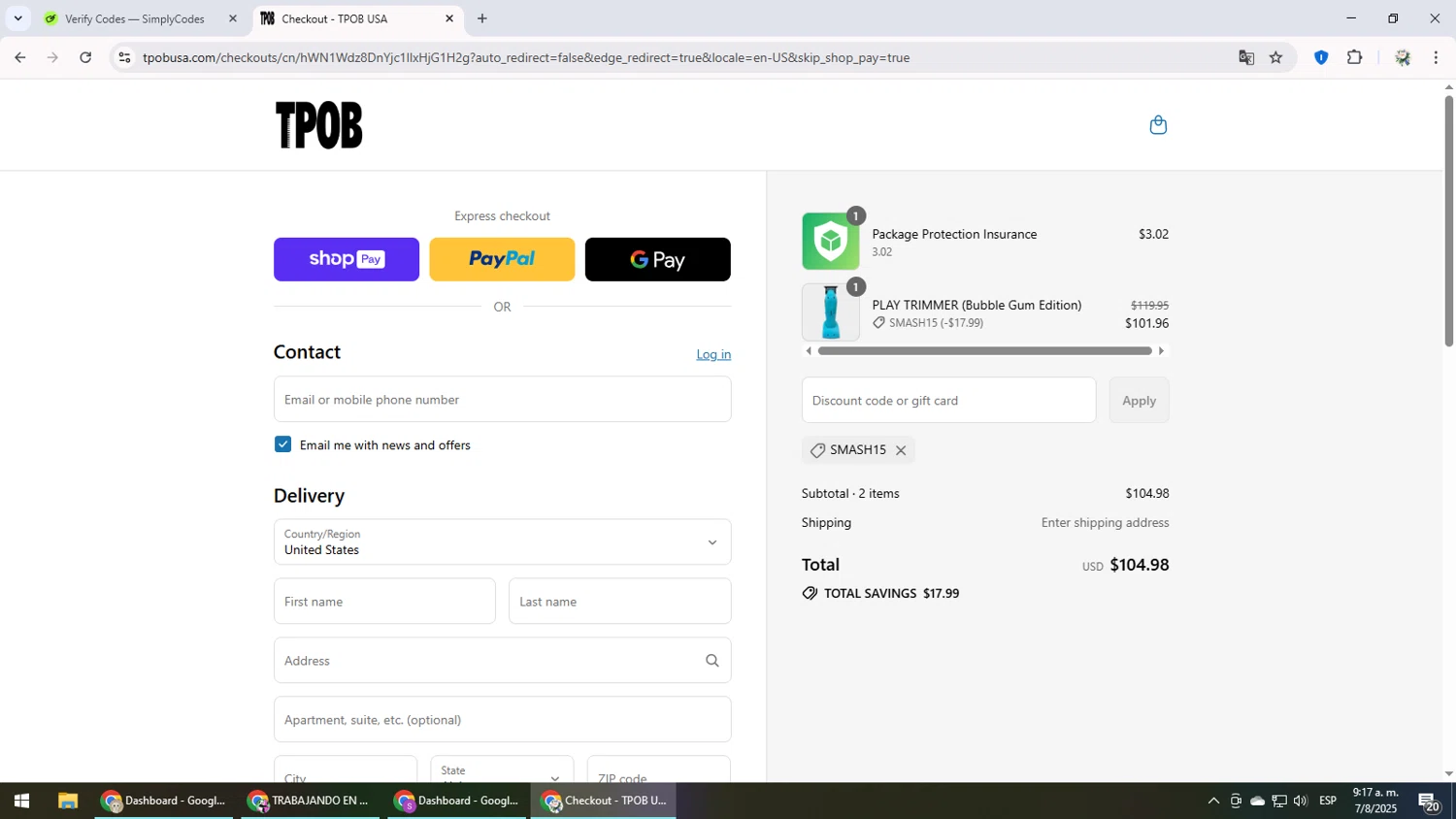 TPOB USA promo code screenshot showing code SMASH15 applied at TPOB USA checkout page. Uploaded by SimplyCodes community member MightyLegend6657 on Aug 7, 2025
