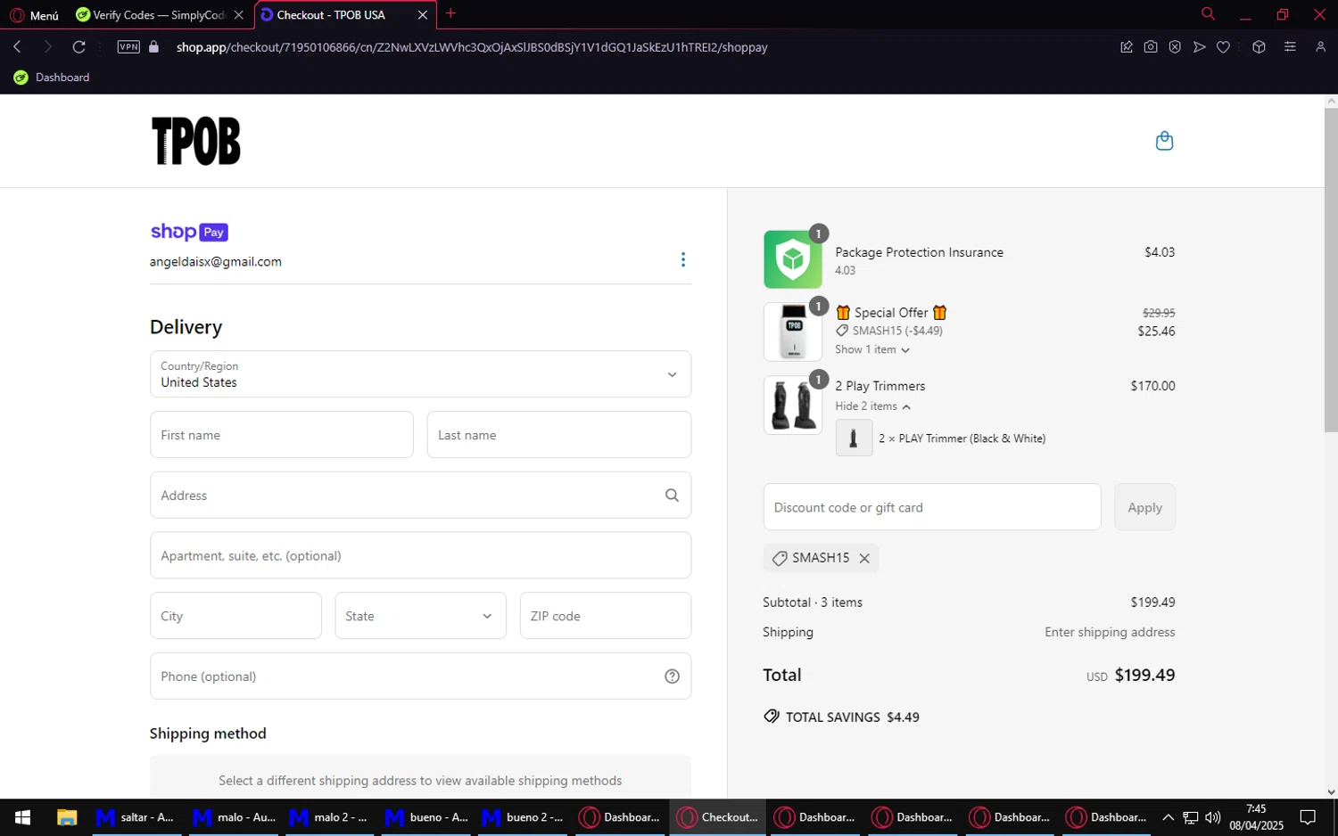TPOB USA promo code screenshot showing code SMASH15 applied at TPOB USA checkout page. Uploaded by SimplyCodes community member PromoEagle6451 on Apr 8, 2025