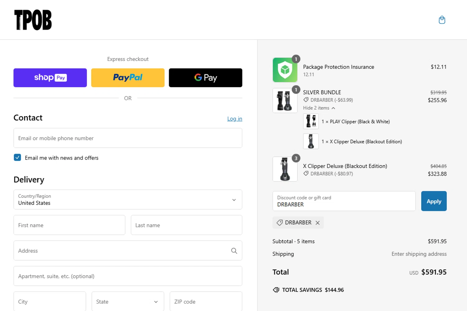 TPOB USA promo code screenshot showing code DRBARBER applied at TPOB USA checkout page. Uploaded by SimplyCodes community member salemigajera on Feb 17, 2025
