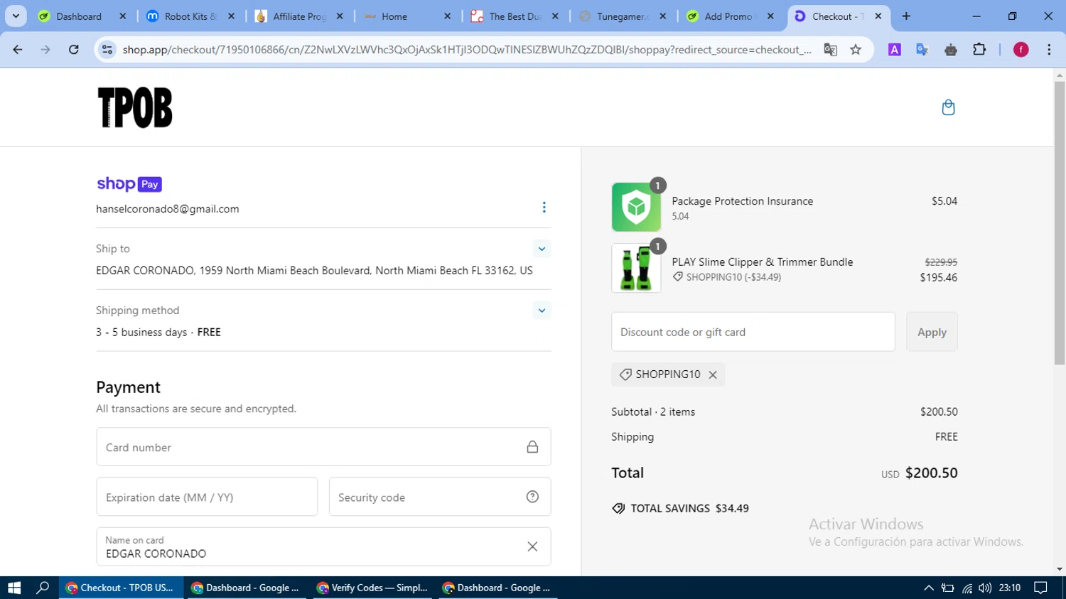 TPOB USA promo code screenshot showing code SHOPPING10 applied at TPOB USA checkout page. Uploaded by SimplyCodes community member fausguillermo on Feb 20, 2025