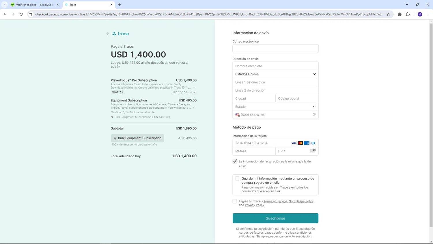 Trace checkout page showing Trace promo code box | Screenshot taken by SimplyCodes community member on Mar 3, 2025
