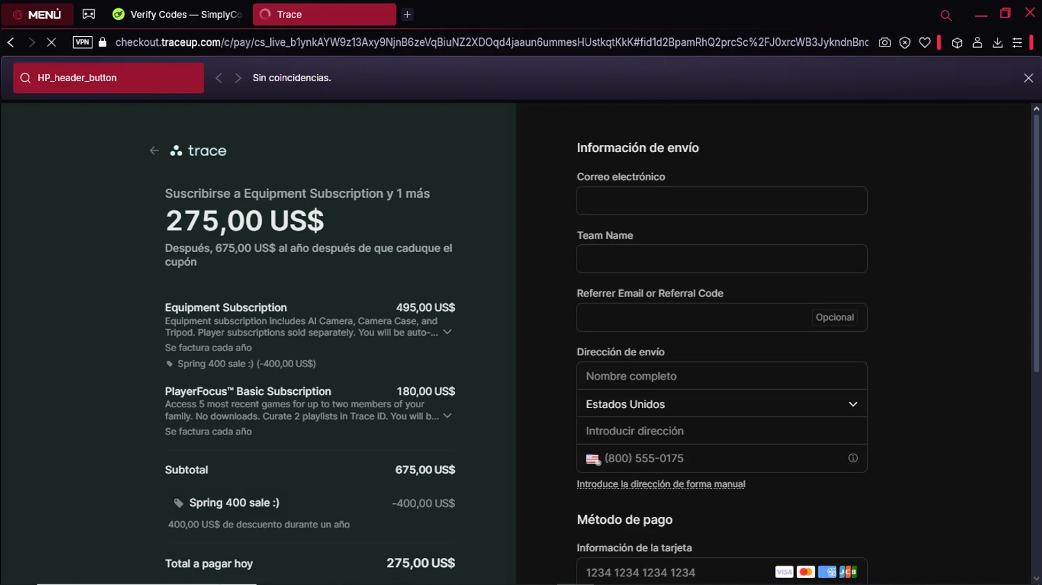 Trace promo code screenshot showing code HP_header_button applied at Trace checkout page. Uploaded by SimplyCodes community member Formama on Apr 18, 2025