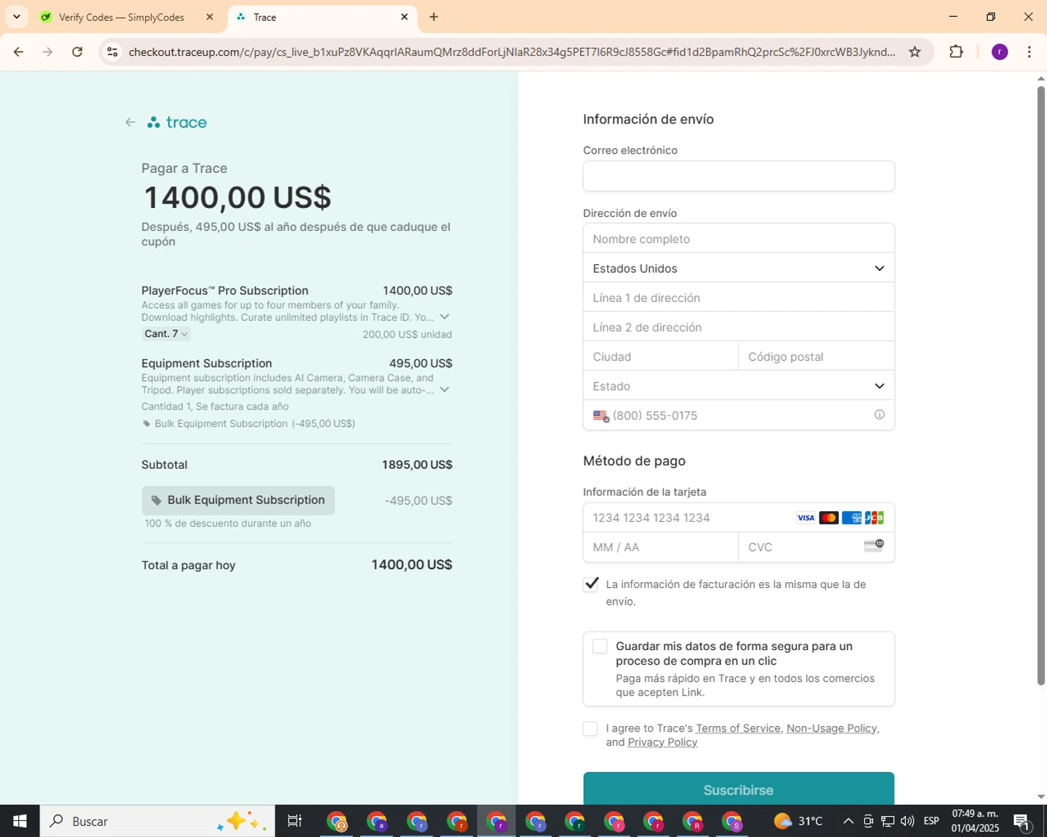 Trace checkout page showing Trace promo code box | Screenshot taken by SimplyCodes community member on Apr 1, 2025