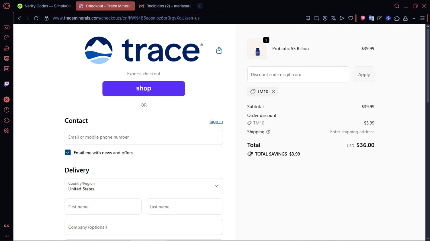 Trace Minerals discount code screenshot showing code TM10 applied at Trace Minerals checkout page. Uploaded by SimplyCodes community member MoneySentinel1166 on Oct 15, 2025