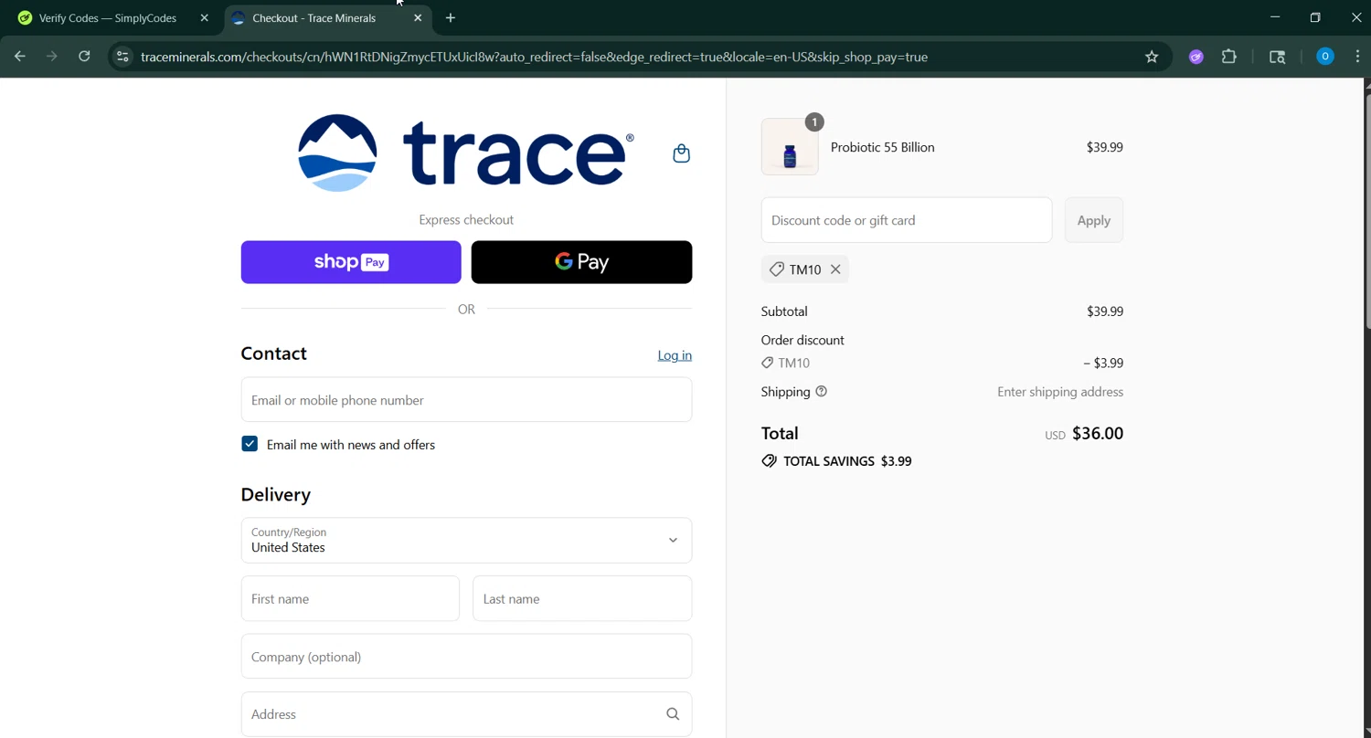 Trace Minerals discount code screenshot showing code TM10 applied at Trace Minerals checkout page. Uploaded by SimplyCodes community member RoyalSage9159 on Aug 5, 2025
