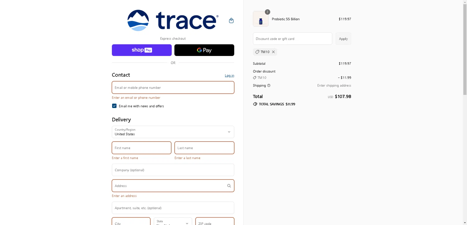 Trace Minerals discount code screenshot showing code TM10 applied at Trace Minerals checkout page. Uploaded by SimplyCodes community member VoucherHero1009 on Aug 9, 2025