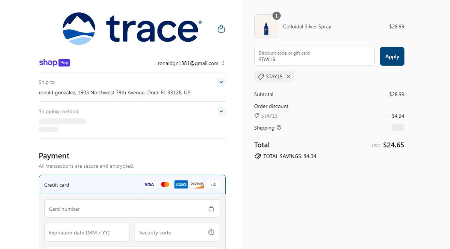 Trace Minerals discount code screenshot showing code STAY15 applied at Trace Minerals checkout page. Uploaded by SimplyCodes community member Josecaste on Aug 5, 2025