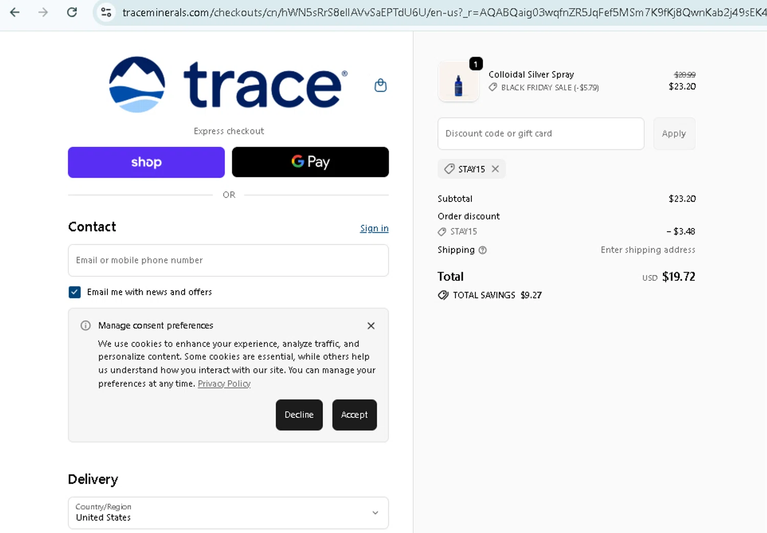 Trace Minerals discount code screenshot showing code STAY15 applied at Trace Minerals checkout page. Uploaded by SimplyCodes community member TokenMonarch796 on Nov 30, 2025