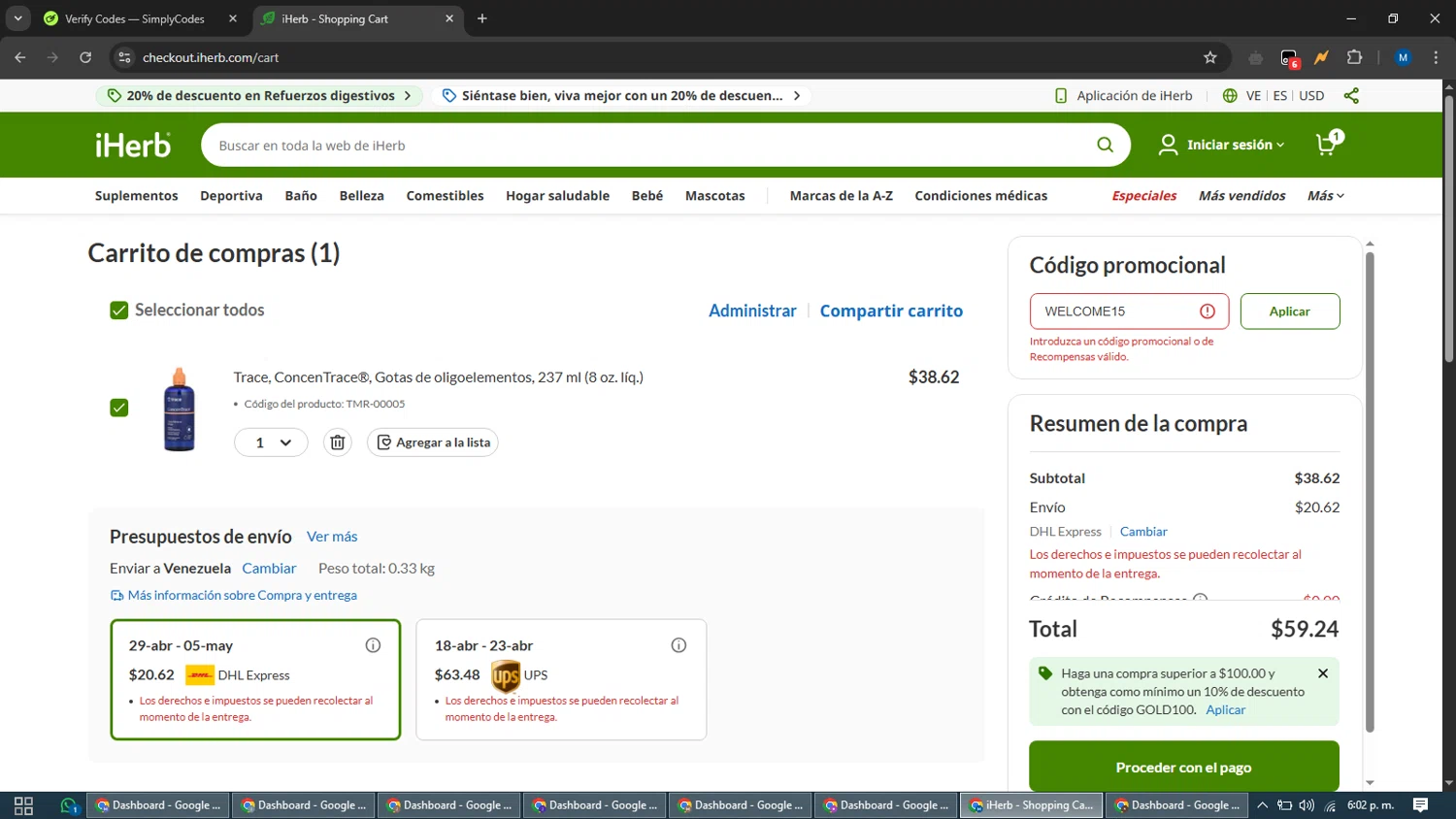 Trace Minerals discount code screenshot showing code WELCOME15 applied at Trace Minerals checkout page. Uploaded by SimplyCodes community member EpicVoyager2820 on Apr 12, 2025
