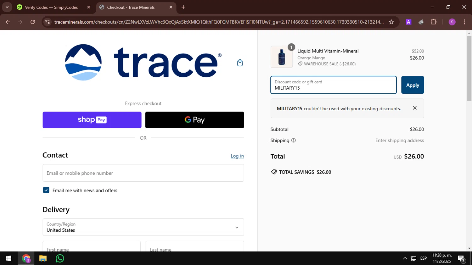 Trace Minerals discount code screenshot showing code MILITARY15 applied at Trace Minerals checkout page. Uploaded by SimplyCodes community member AbusaGordas on Feb 12, 2025