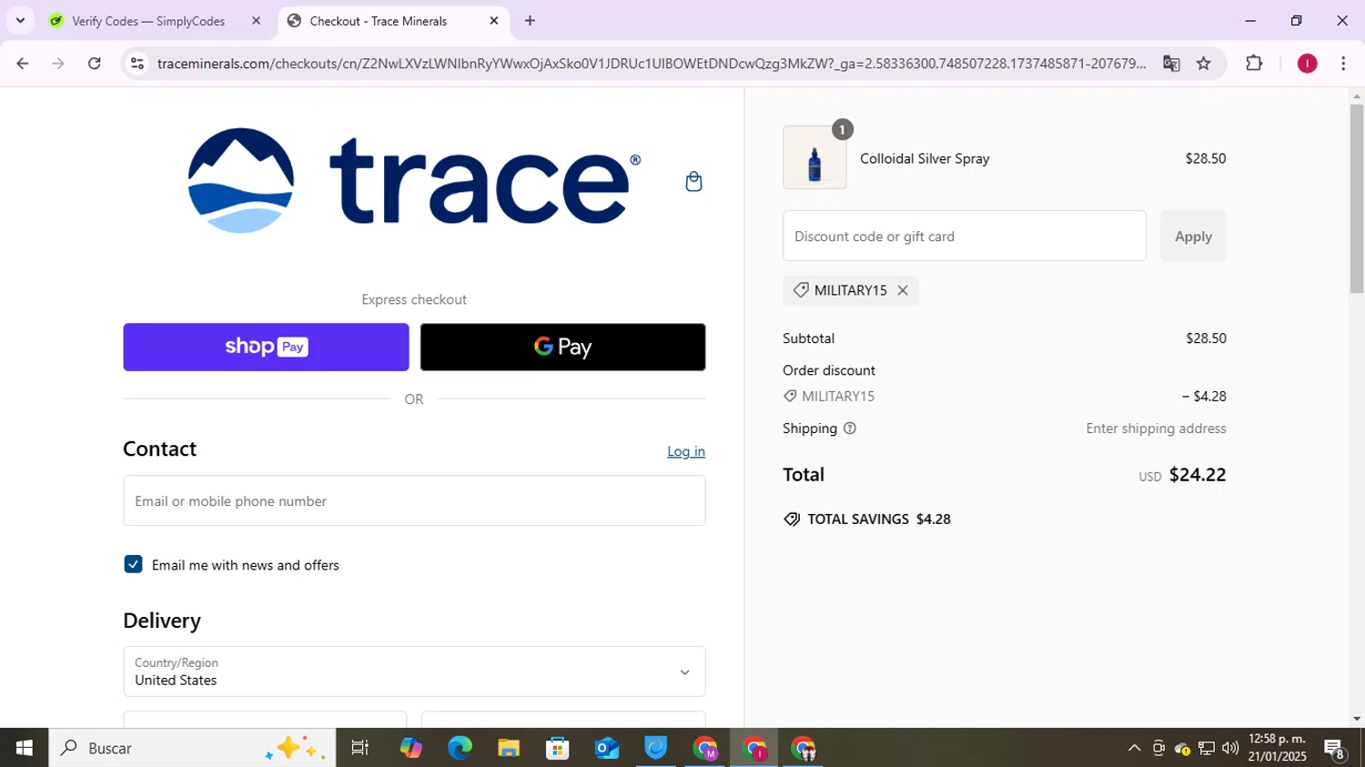 Trace Minerals discount code screenshot showing code MILITARY15 applied at Trace Minerals checkout page. Uploaded by SimplyCodes community member SAIKOO on Jan 21, 2025