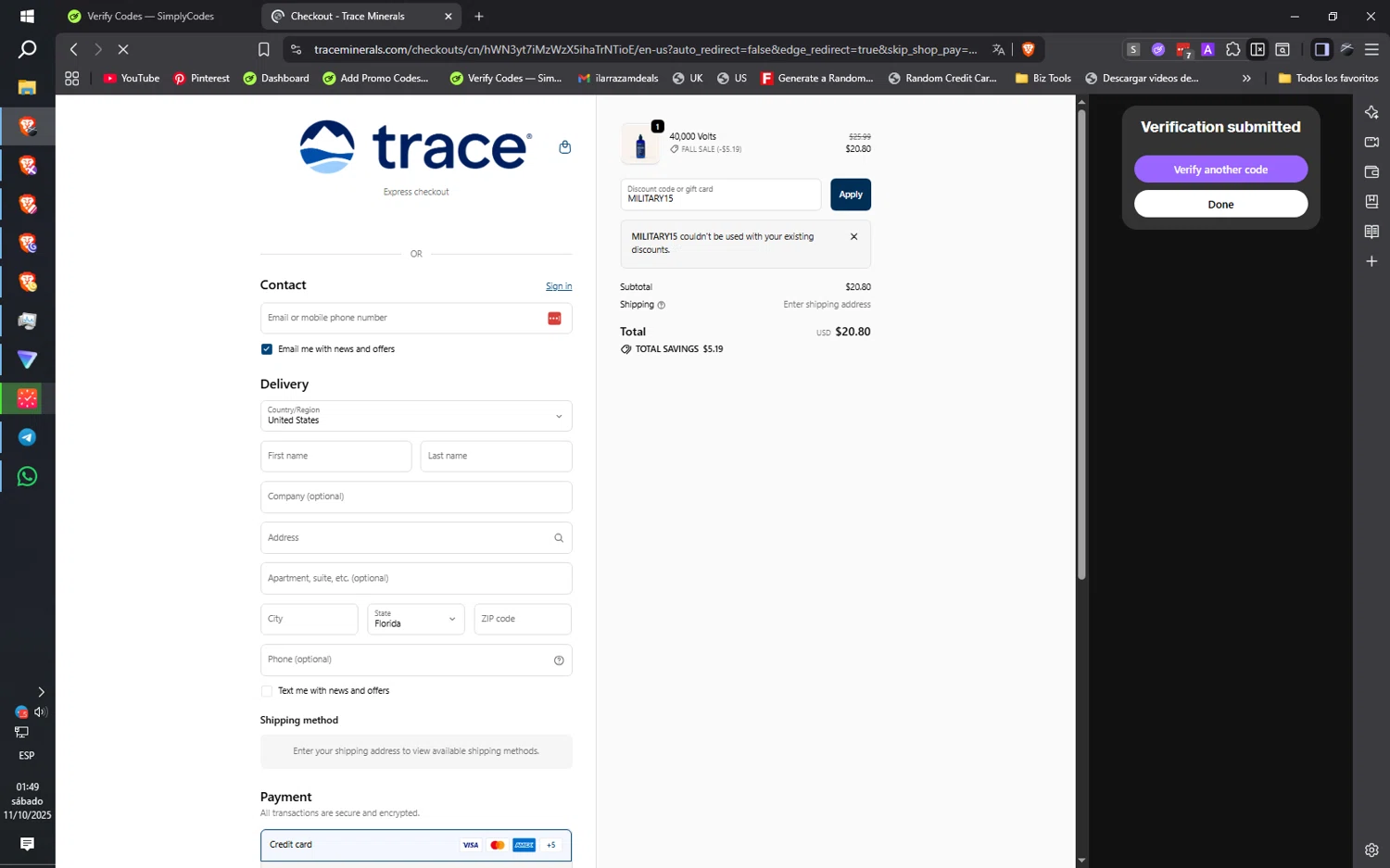 Trace Minerals discount code screenshot showing code MILITARY15 applied at Trace Minerals checkout page. Uploaded by SimplyCodes community member ilarrazaM1 on Oct 11, 2025