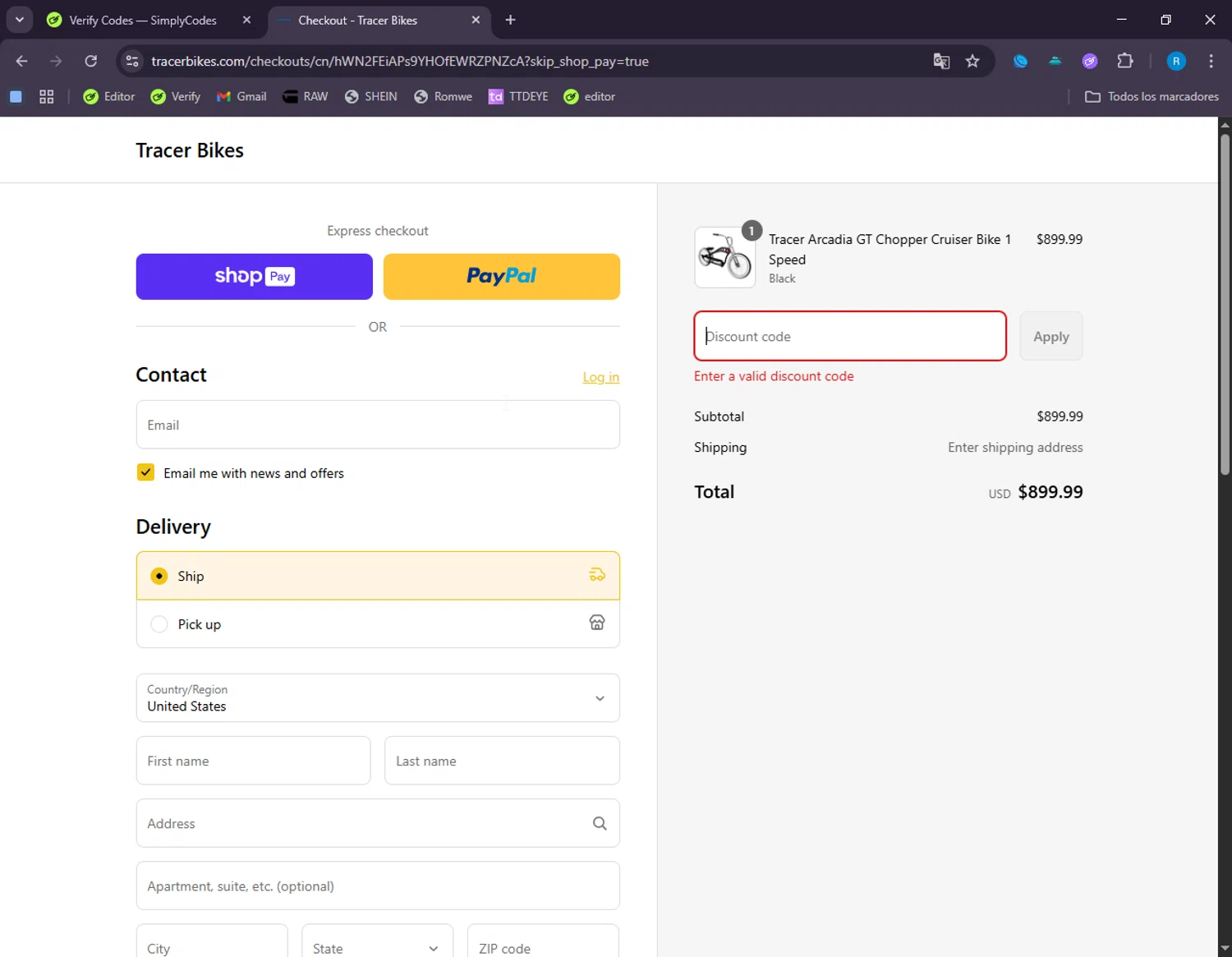 Tracer Bikes promo code screenshot showing code RAPTOR200OFF applied at Tracer Bikes checkout page. Uploaded by SimplyCodes community member RichardWagner on Aug 26, 2025
