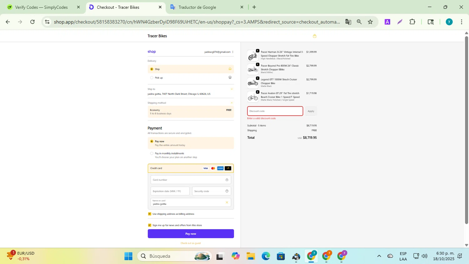 Tracer Bikes promo code screenshot showing code hallowen100 applied at Tracer Bikes checkout page. Uploaded by SimplyCodes community member yadiracg074 on Oct 18, 2025