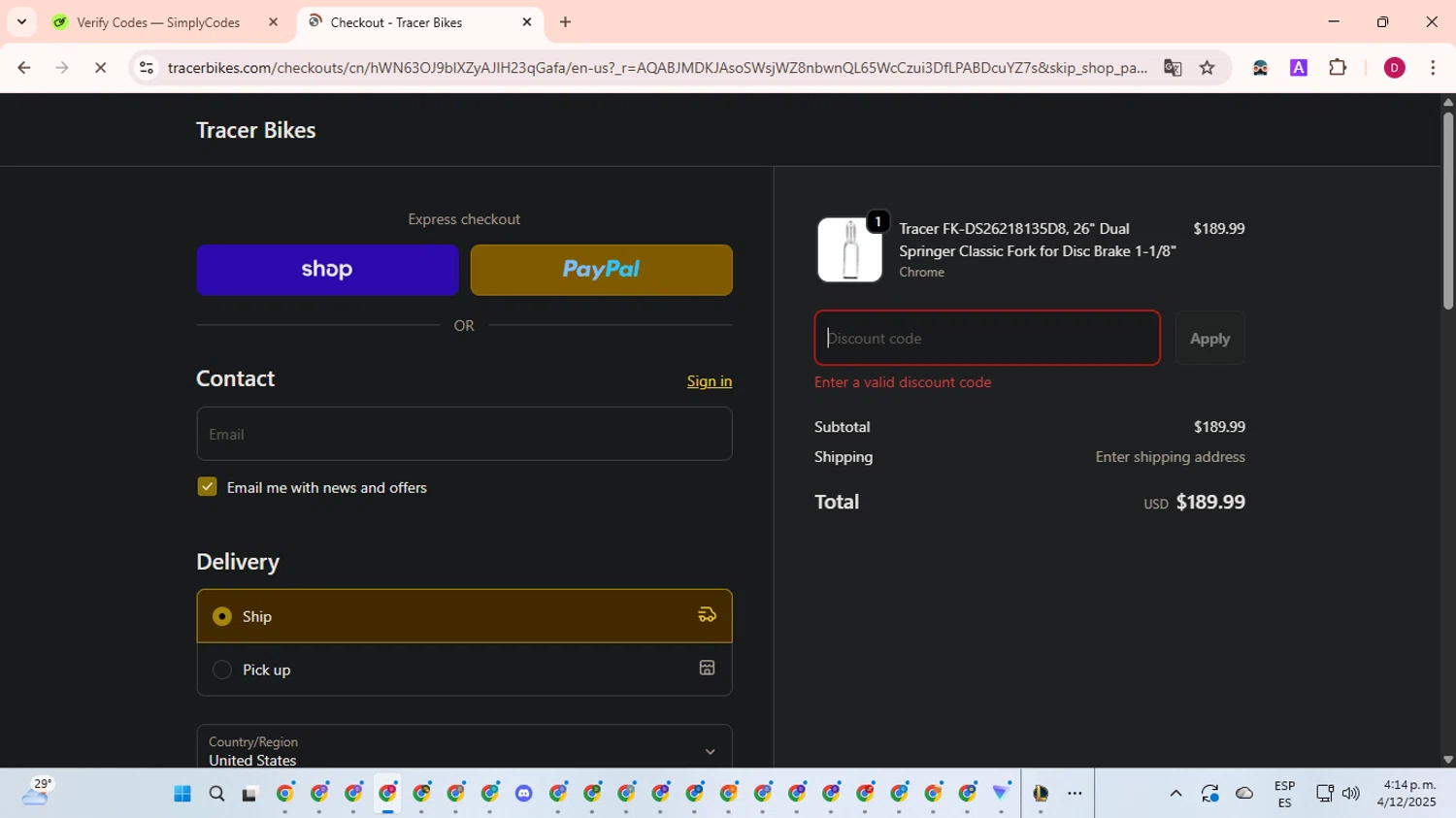 Tracer Bikes promo code screenshot showing code ACBFS10 applied at Tracer Bikes checkout page. Uploaded by SimplyCodes community member EpicSaver9948 on Dec 4, 2025