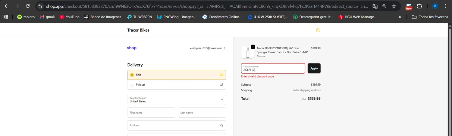 Tracer Bikes promo code screenshot showing code ACBFS10 applied at Tracer Bikes checkout page. Uploaded by SimplyCodes community member jessikasanckez23 on Dec 4, 2025