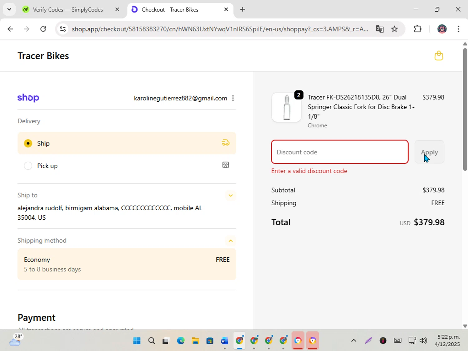 Tracer Bikes promo code screenshot showing code ACBFS10 applied at Tracer Bikes checkout page. Uploaded by SimplyCodes community member karoline on Dec 4, 2025
