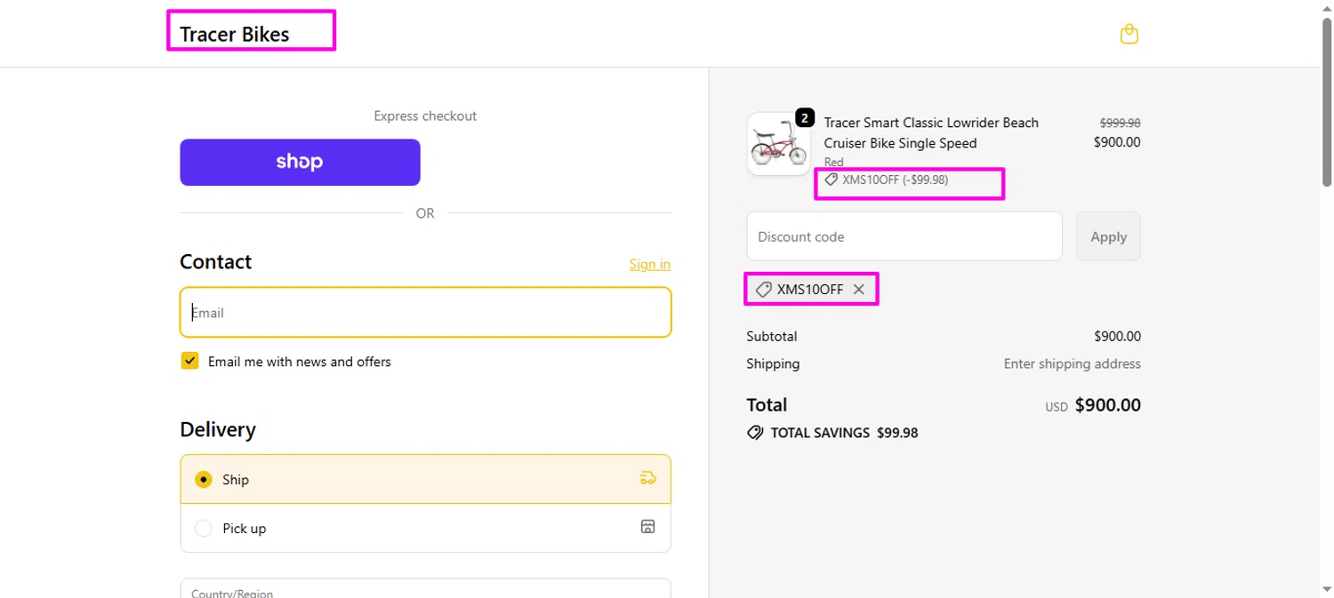 Tracer Bikes promo code screenshot showing code XMS10OFF applied at Tracer Bikes checkout page. Uploaded by SimplyCodes community member mrdarcy on Dec 5, 2025