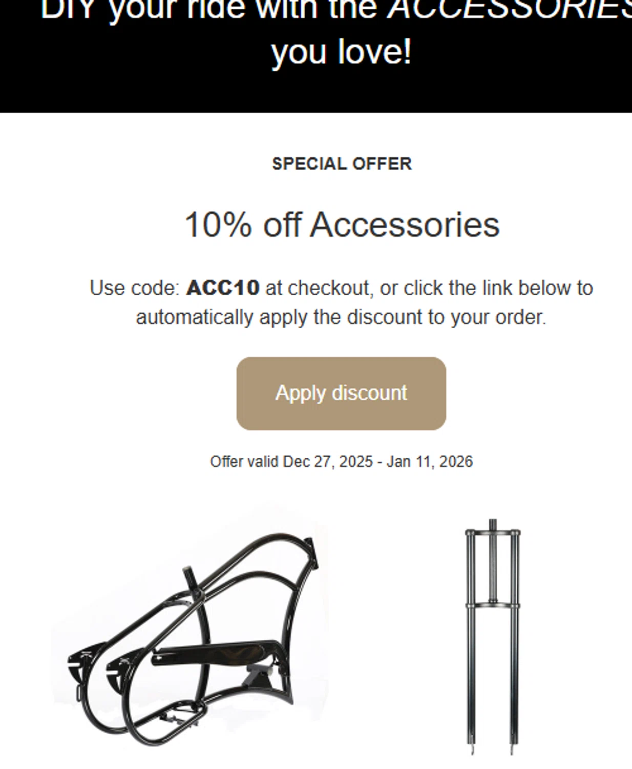 Tracer Bikes promo code screenshot showing code ACC10 applied at Tracer Bikes checkout page. Uploaded by SimplyCodes community member valeriaantonieta on Dec 27, 2025