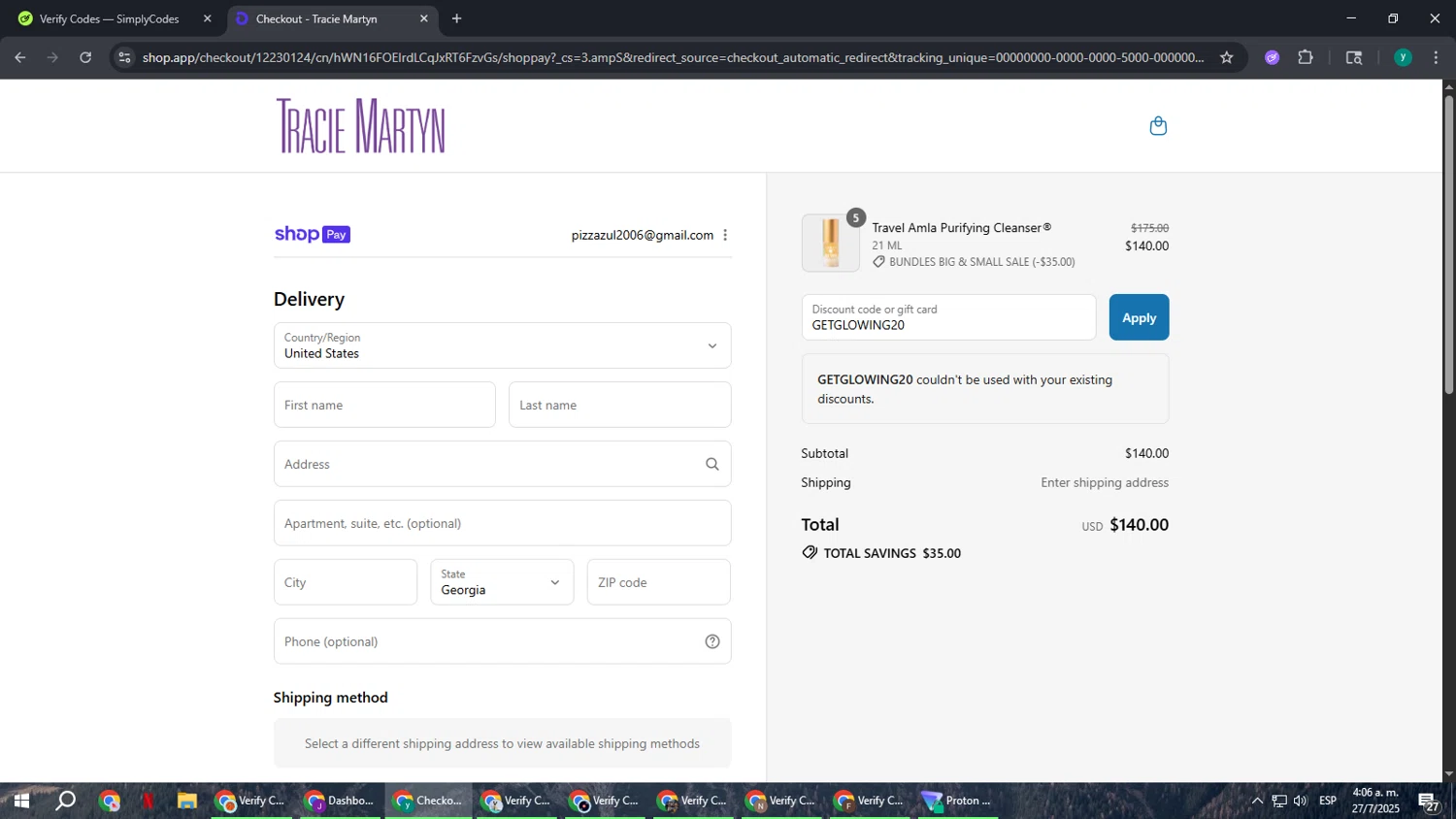 Tracie Martyn coupon code screenshot showing code GETGLOWING20 applied at Tracie Martyn checkout page. Uploaded by SimplyCodes community member FrugalCaptain6906 on Jul 27, 2025