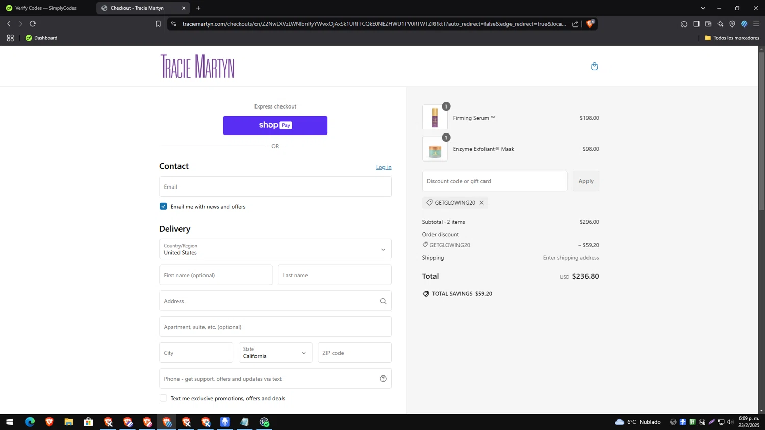 Tracie Martyn coupon code screenshot showing code GETGLOWING20 applied at Tracie Martyn checkout page. Uploaded by SimplyCodes community member MagnificentAce6663 on Feb 23, 2025