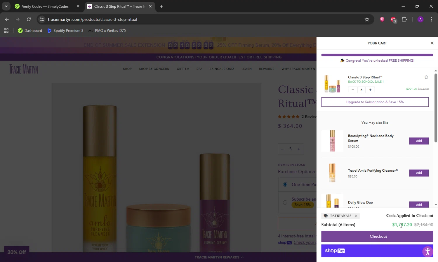 Tracie Martyn coupon code screenshot showing code PATRIANA15 applied at Tracie Martyn checkout page. Uploaded by SimplyCodes community member DeathBone on Aug 30, 2025
