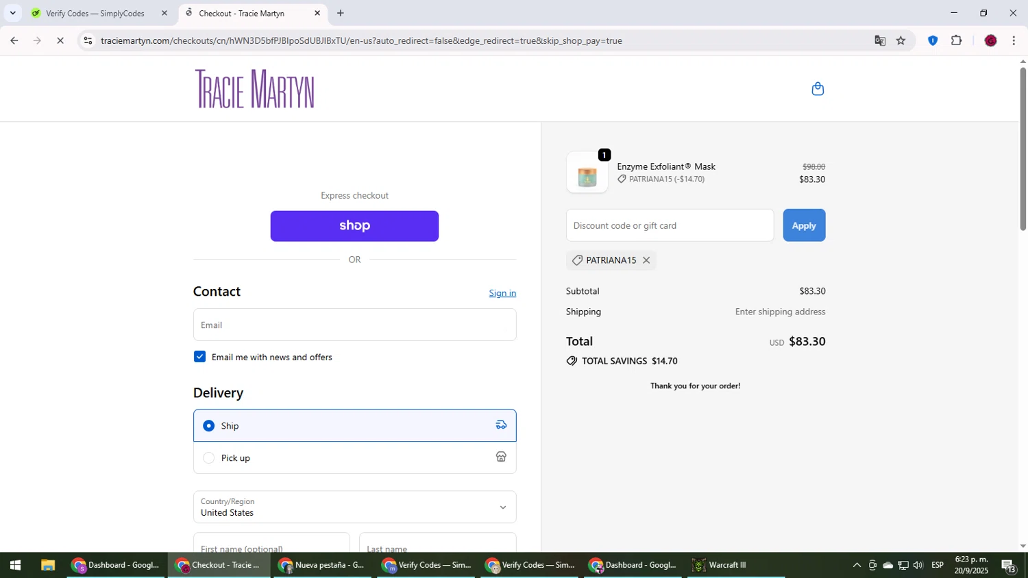 Tracie Martyn coupon code screenshot showing code PATRIANA15 applied at Tracie Martyn checkout page. Uploaded by SimplyCodes community member MightyLegend6657 on Sep 20, 2025