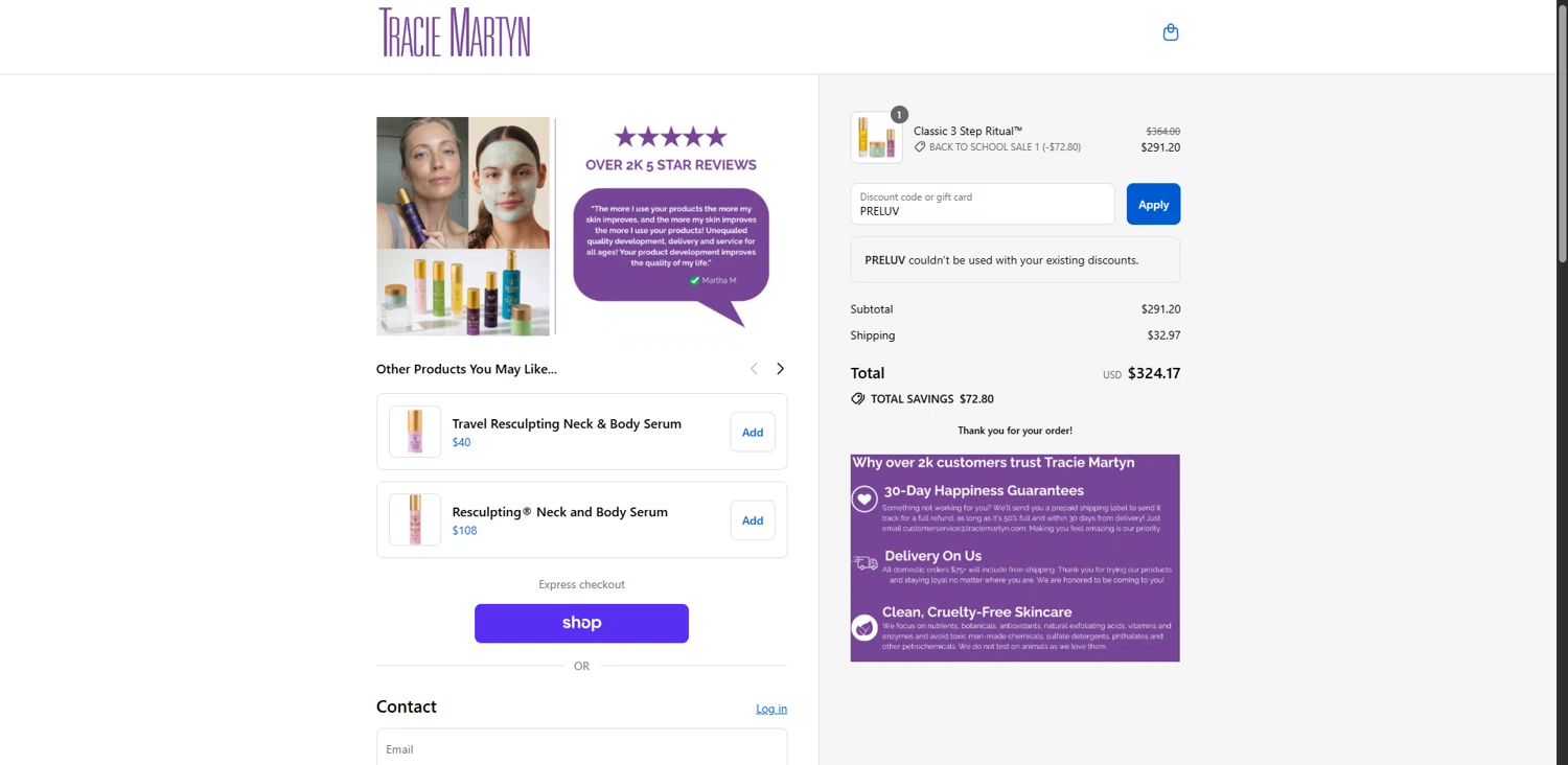 Tracie Martyn coupon code screenshot showing code PRELUV applied at Tracie Martyn checkout page. Uploaded by SimplyCodes community member RewardMaven959 on Aug 30, 2025
