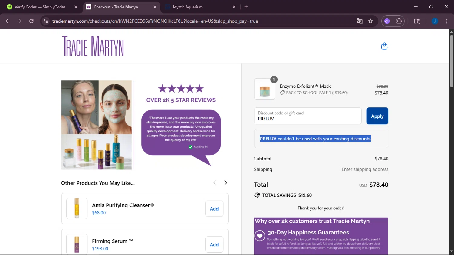 Tracie Martyn coupon code screenshot showing code PRELUV applied at Tracie Martyn checkout page. Uploaded by SimplyCodes community member RoyalMaestro2129 on Aug 30, 2025
