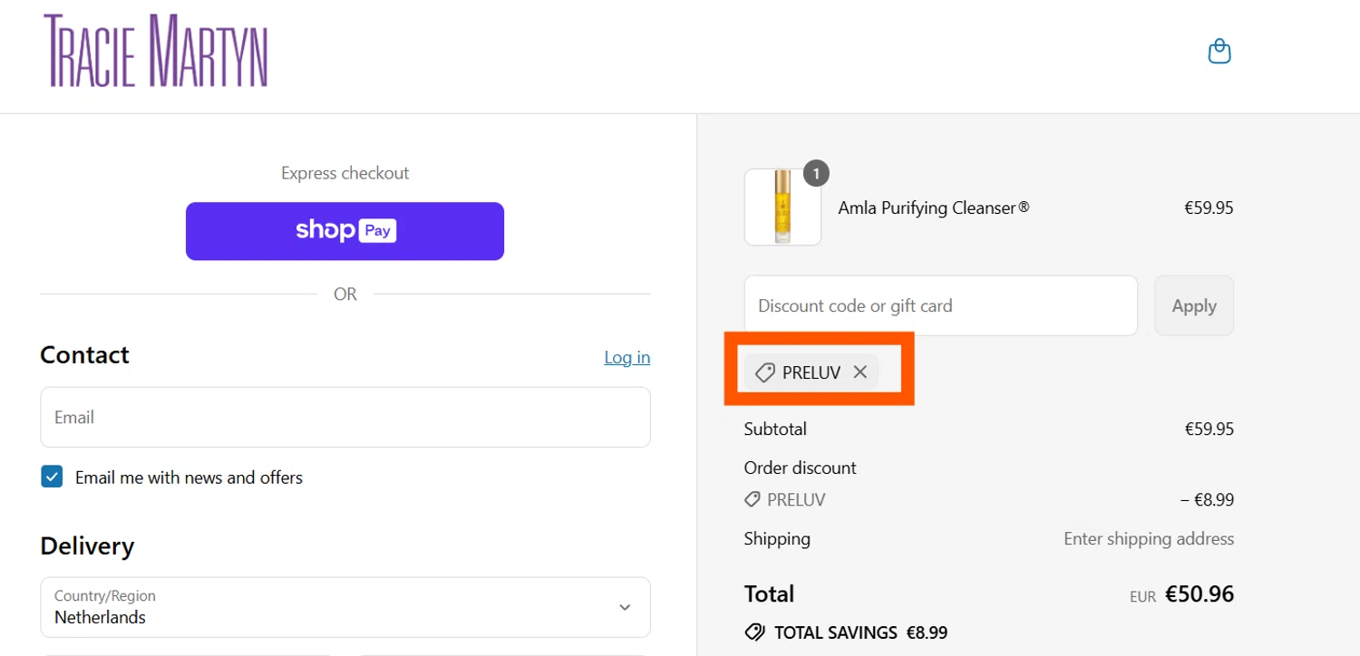 Tracie Martyn coupon code screenshot showing code PRELUV applied at Tracie Martyn checkout page. Uploaded by SimplyCodes community member CleverSentinel4477 on Aug 2, 2025