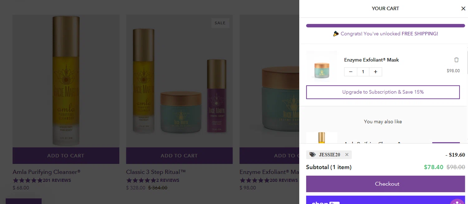 Tracie Martyn coupon code screenshot showing code JESSIE20 applied at Tracie Martyn checkout page. Uploaded by SimplyCodes community member shark12 on Sep 7, 2025
