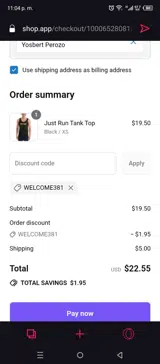 WELCOME381 coupon verification screenshot