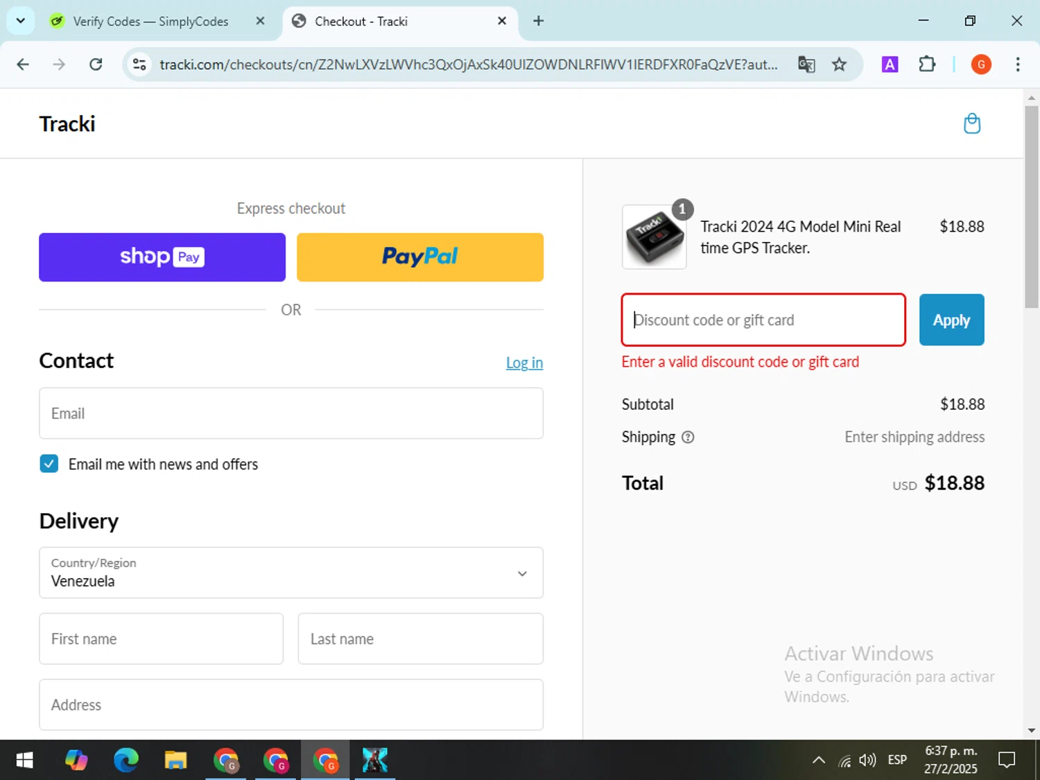 Tracki promo code screenshot showing code FLASH25 applied at Tracki checkout page. Uploaded by SimplyCodes community member LegendaryWizard2724 on Feb 27, 2025