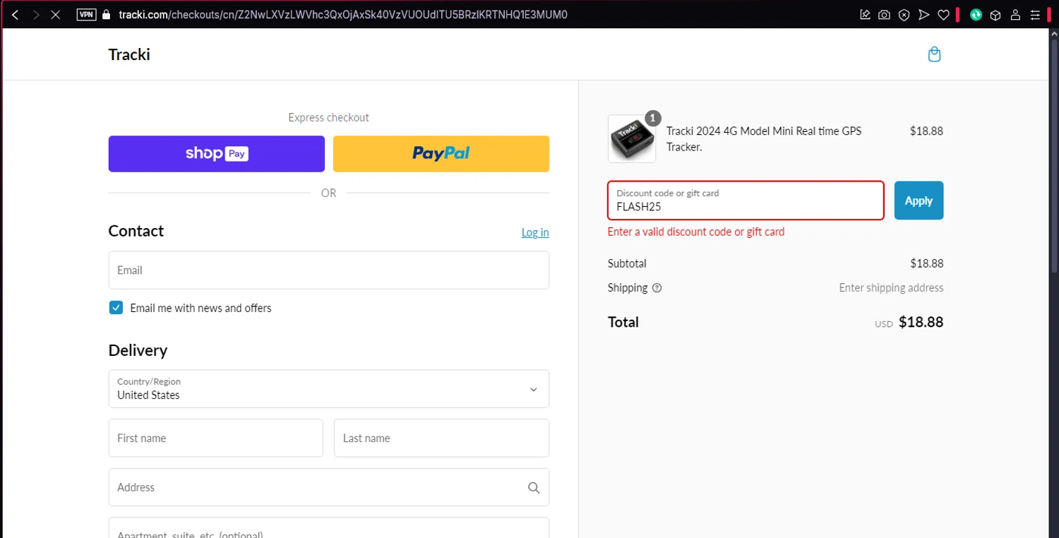 Tracki promo code screenshot showing code FLASH25 applied at Tracki checkout page. Uploaded by SimplyCodes community member user1998 on Feb 27, 2025